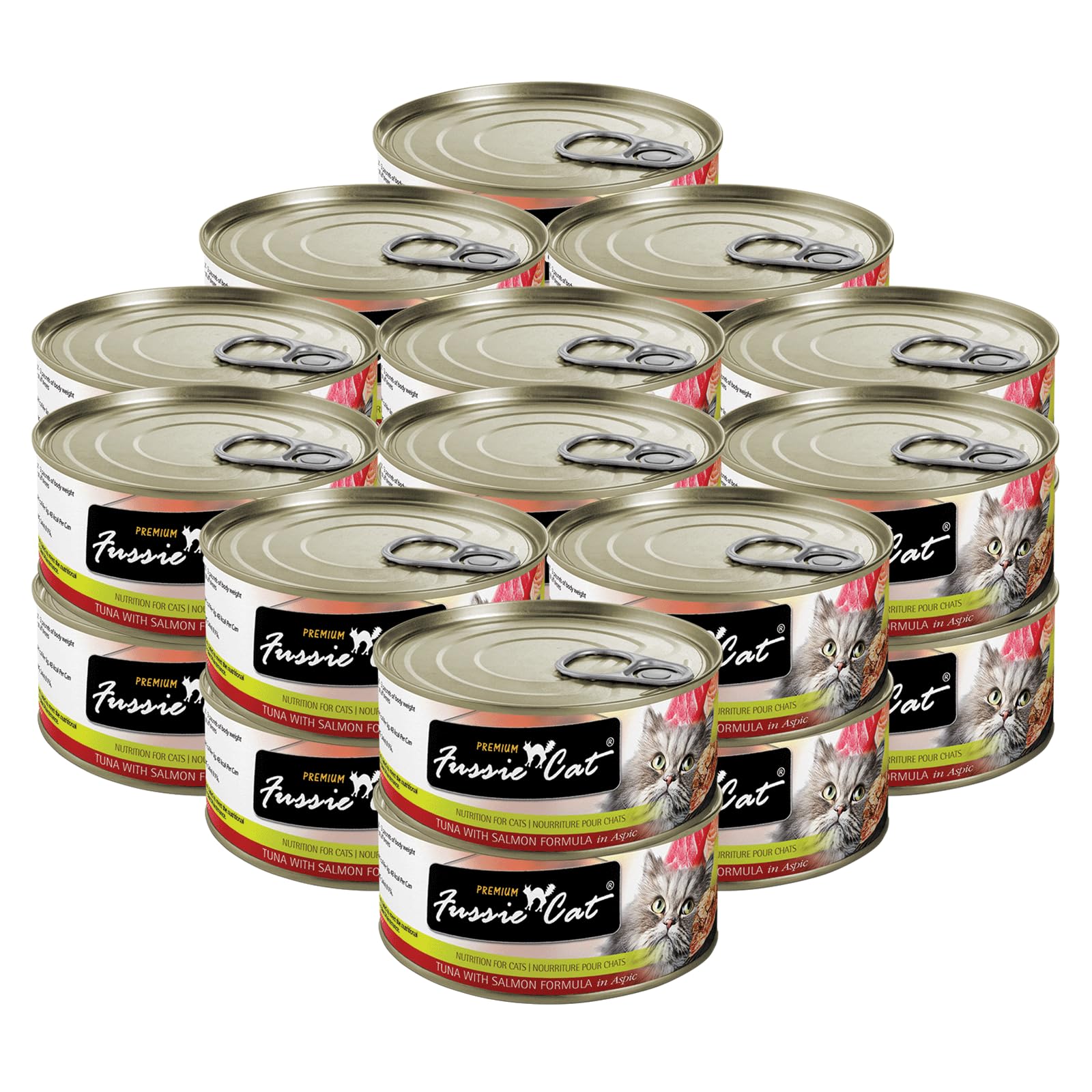 Fussie Cat tuna-salmon-aspic-cans showing tuna-first grain-free formula