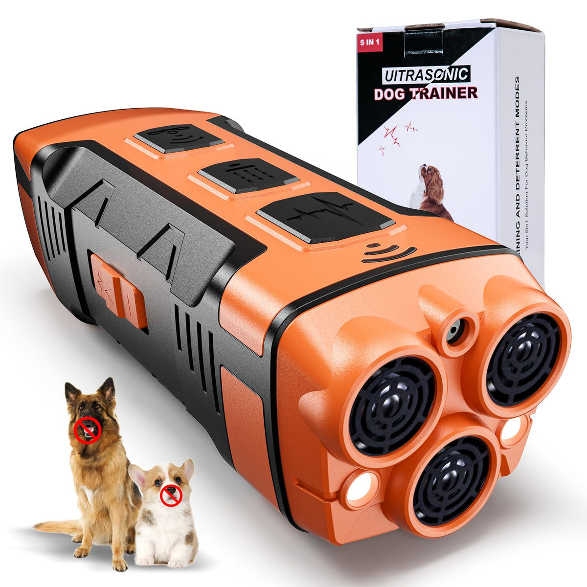 Fussion dog bark deterrent front view, compact training device for indoor and outdoor use.