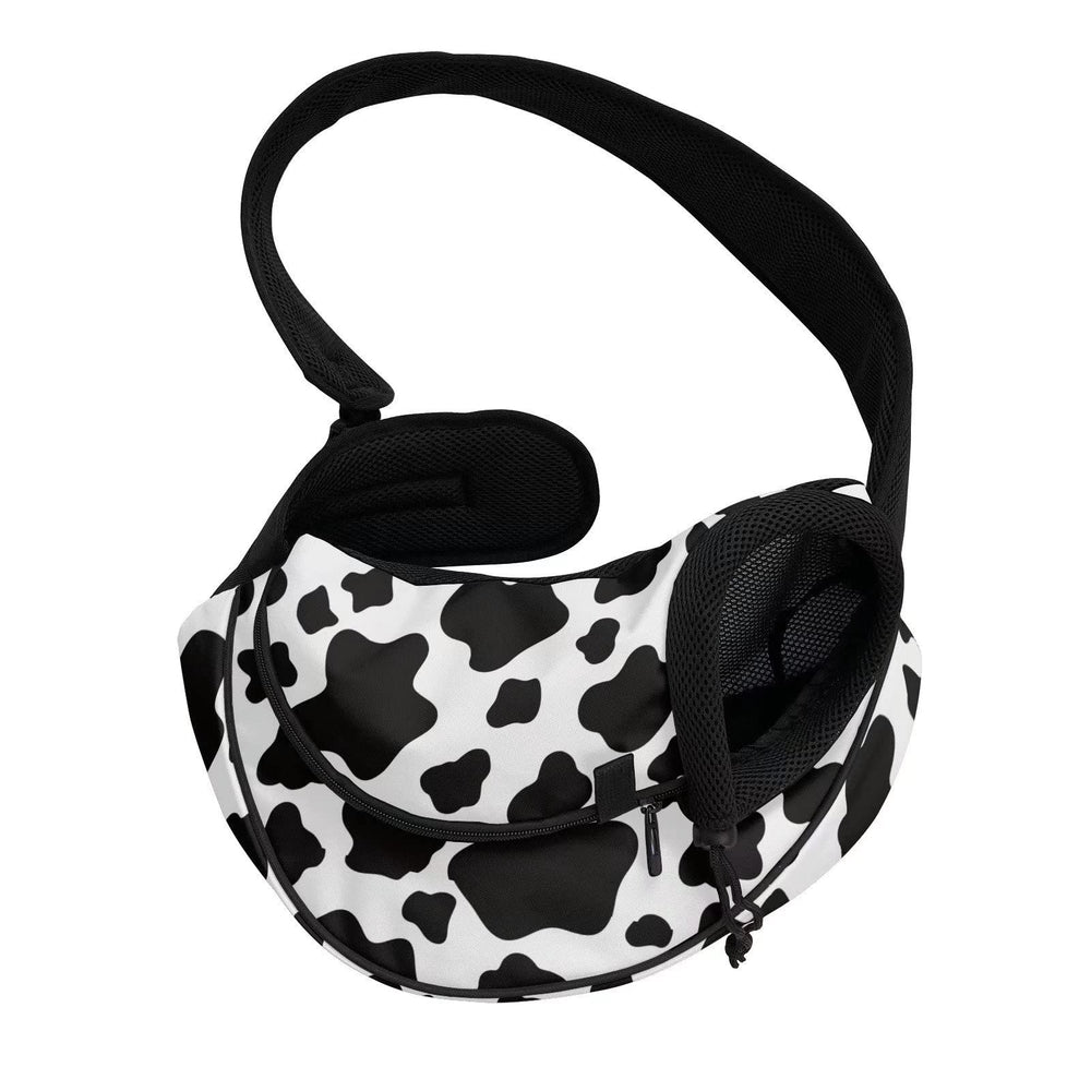 FUSURIRE cow print sling side view showing breathable mesh for comfort