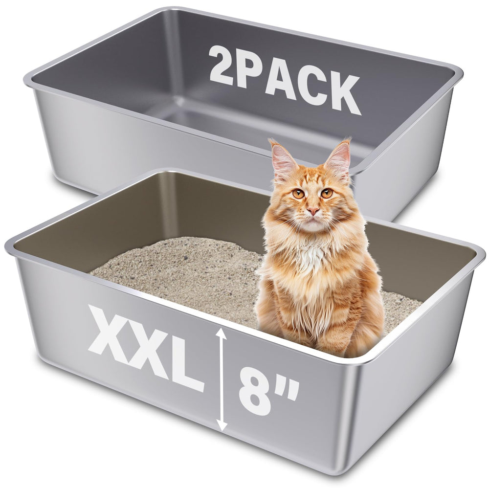 FUTAM 2-pack stainless steel cat litter box offers XXL space for multiple cats and easy cleanup.