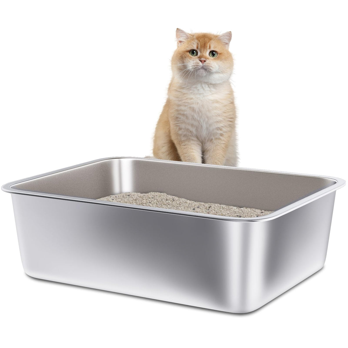 FUTAM stainless steel litter box front view showing durable metal and easy-clean surface.