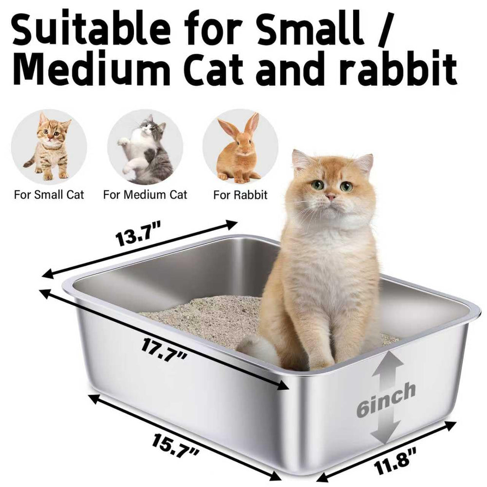FUTAM stainless steel litter box side profile shows six-inch high sides to reduce scatter.