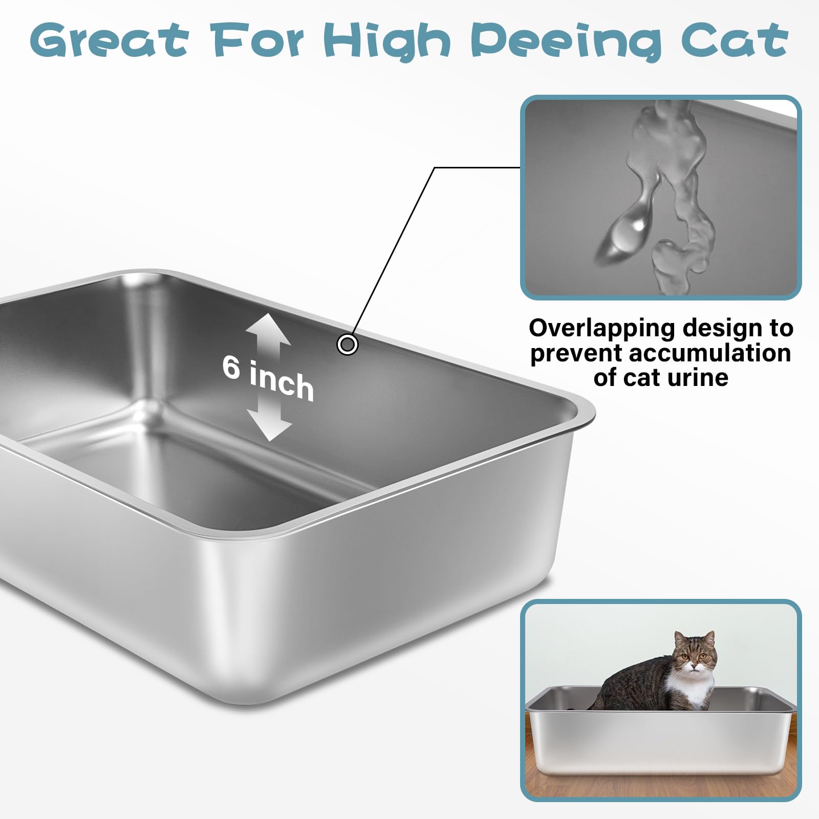FUTAM stainless steel litter box pack with high sides reduces litter scatter during use