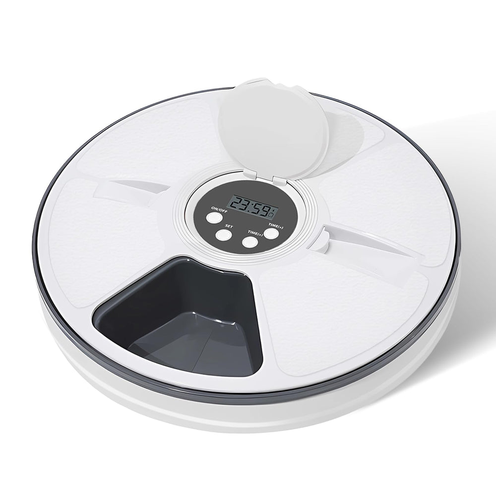 Fuxopo automatic cat feeder front view shows accessible feeding tray for daily meals