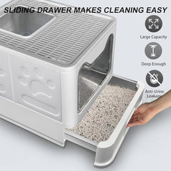 Fuxopo Upgrade Portable Litter Box drawer-tray grey, enables quick waste removal.