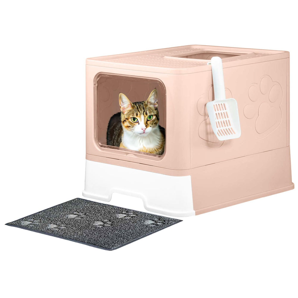 Fuxopo Upgrade Portable Litter Box top entry pink lid design helps contain mess.