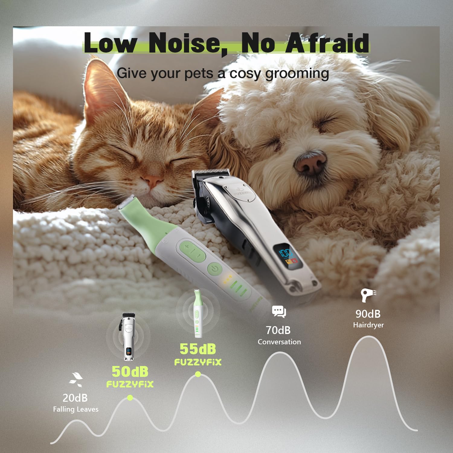 FuzzyFix quiet motor reduces pet stress during grooming sessions.