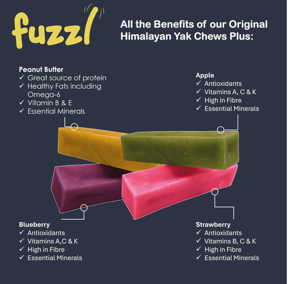 Fuzzl Yak Cheese Himalayan Chew with blueberry flavor, tasty dog enrichment.