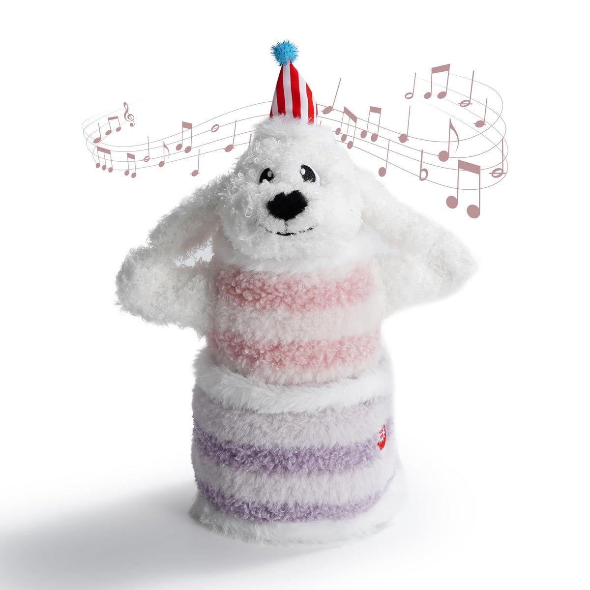 Fuzzwoof Birthday Cake Dog Toy dancing for interactive celebration.
