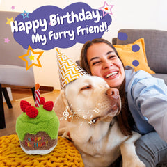 Fuzzwoof birthday cake toy candle close-up highlighting soft materials for gentle chewers.
