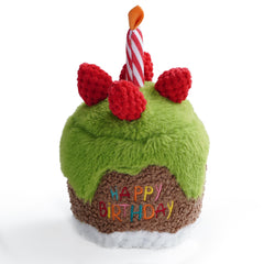 Fuzzwoof dog birthday cake toy with plush cake and candle for festive playtime.
