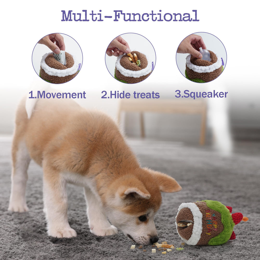 Fuzzwoof dog toy showing removable music player for easy customization.