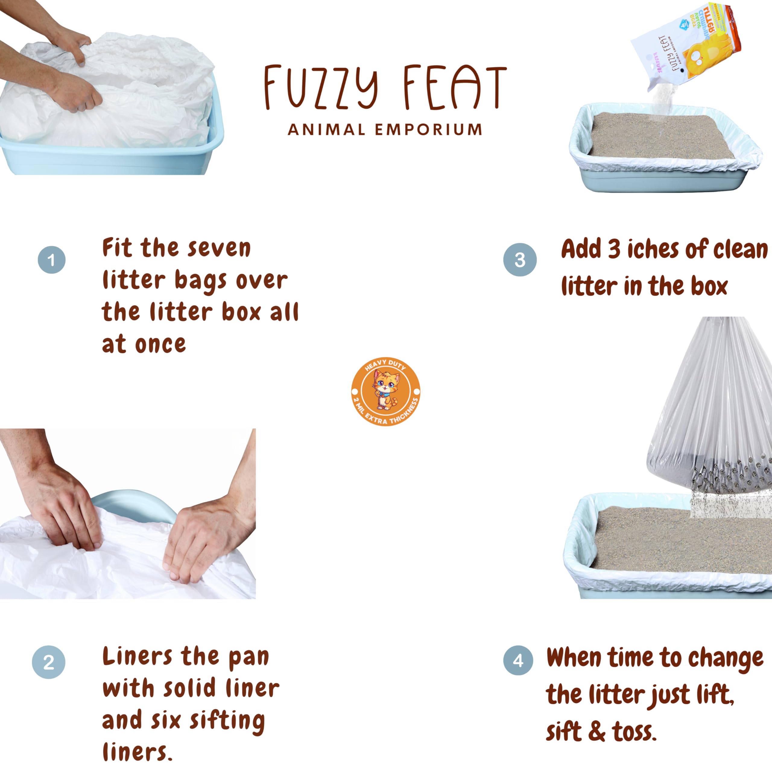 Fuzzy Feat universal-fit liner beside a standard litter box.