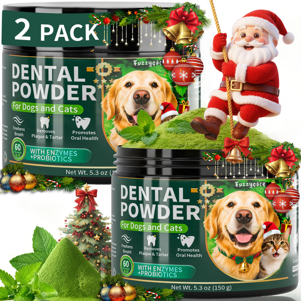 Fuzzycare dog dental powder bottle 150g offering long-lasting oral care support.