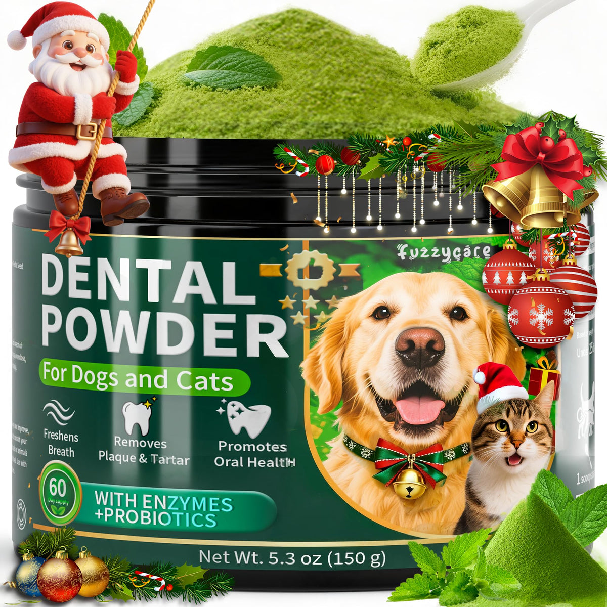 Fuzzycare dog dental powder bottle highlights 150g supply for at-home dental care