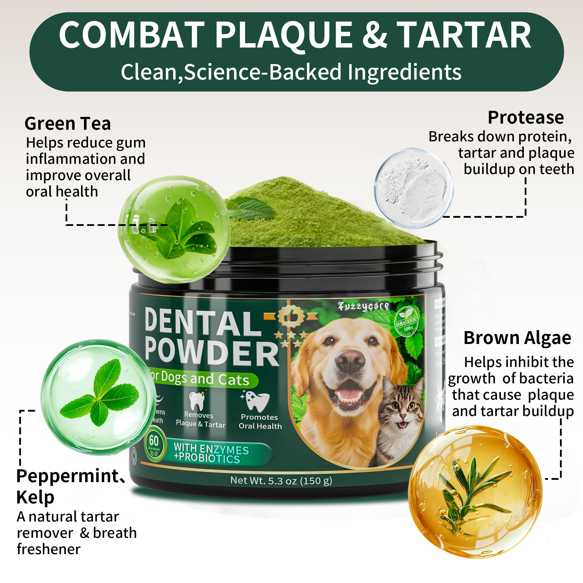 Fuzzycare dental powder dosage guide shows gentle plaque control integration