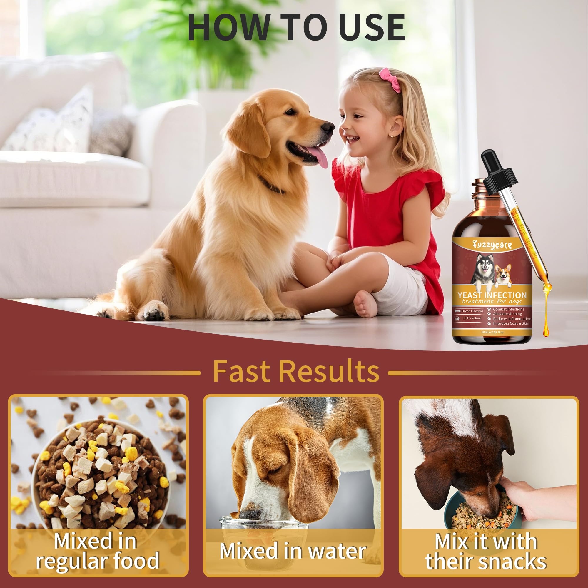 Fuzzycare dosis según el peso del perro, fácil de administrar en agua o comida.