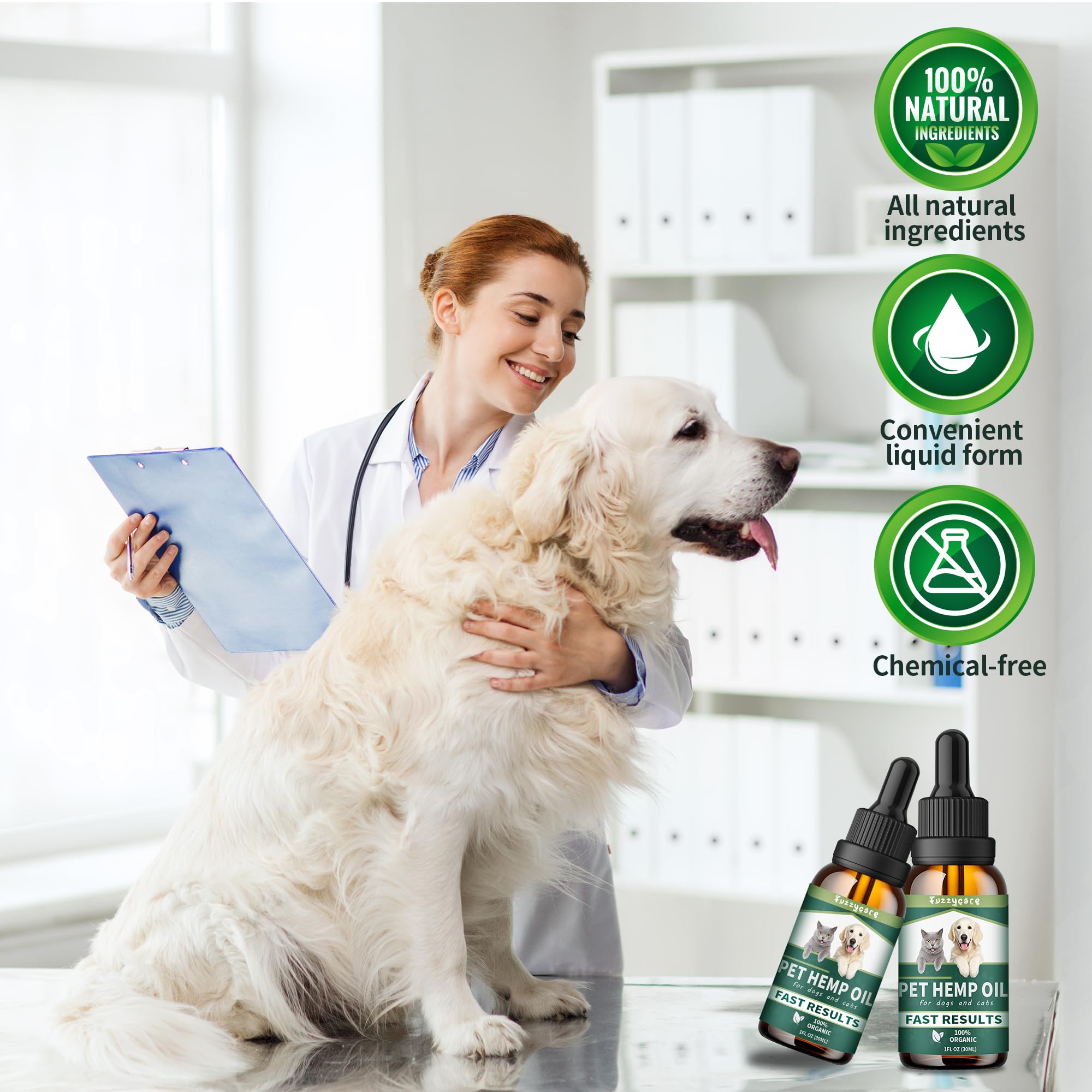 Fuzzycare hemp oil dropper dispenses calming drops for pets.
