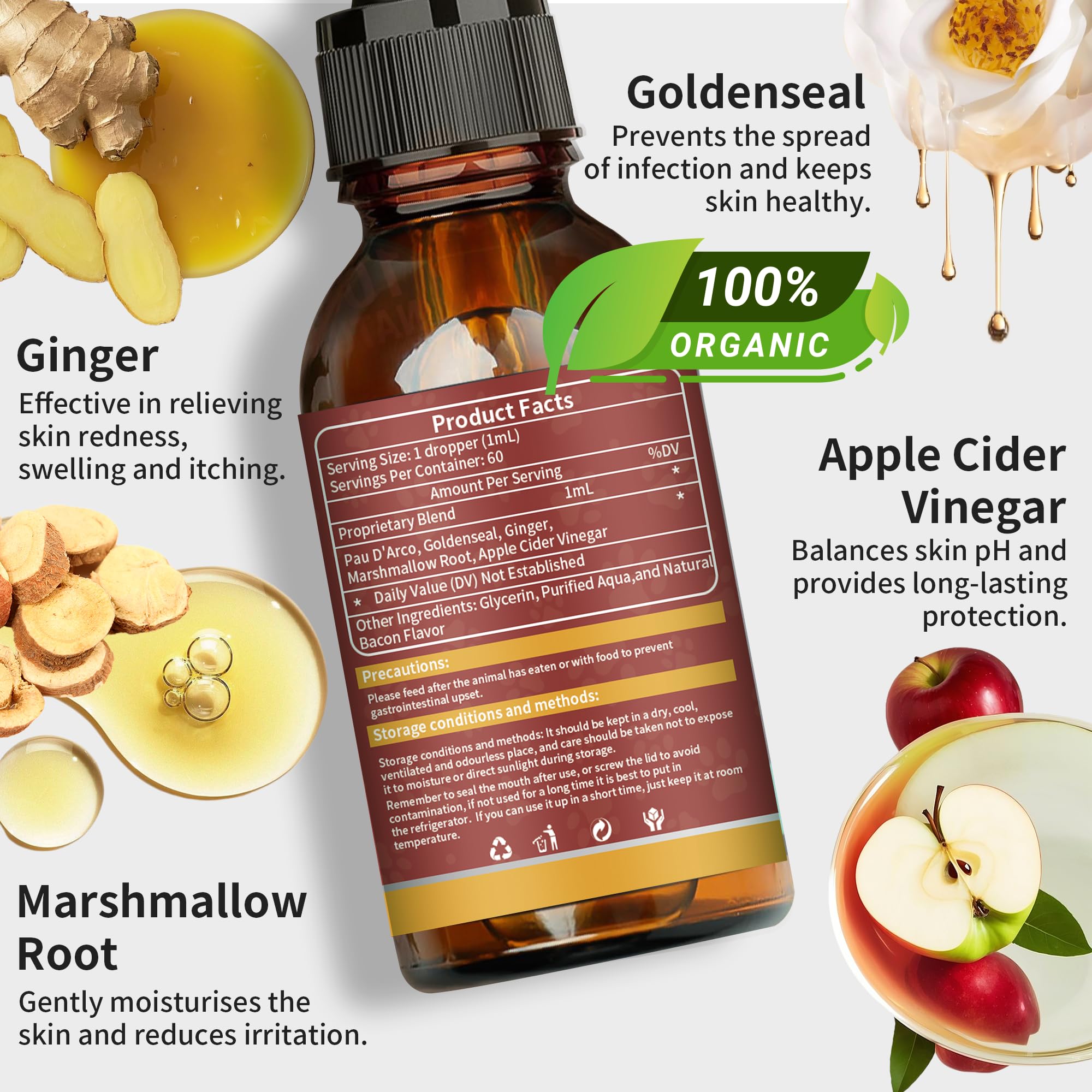 Fuzzycare con goldenseal, ingrediente natural para irritaciones de la piel canina.