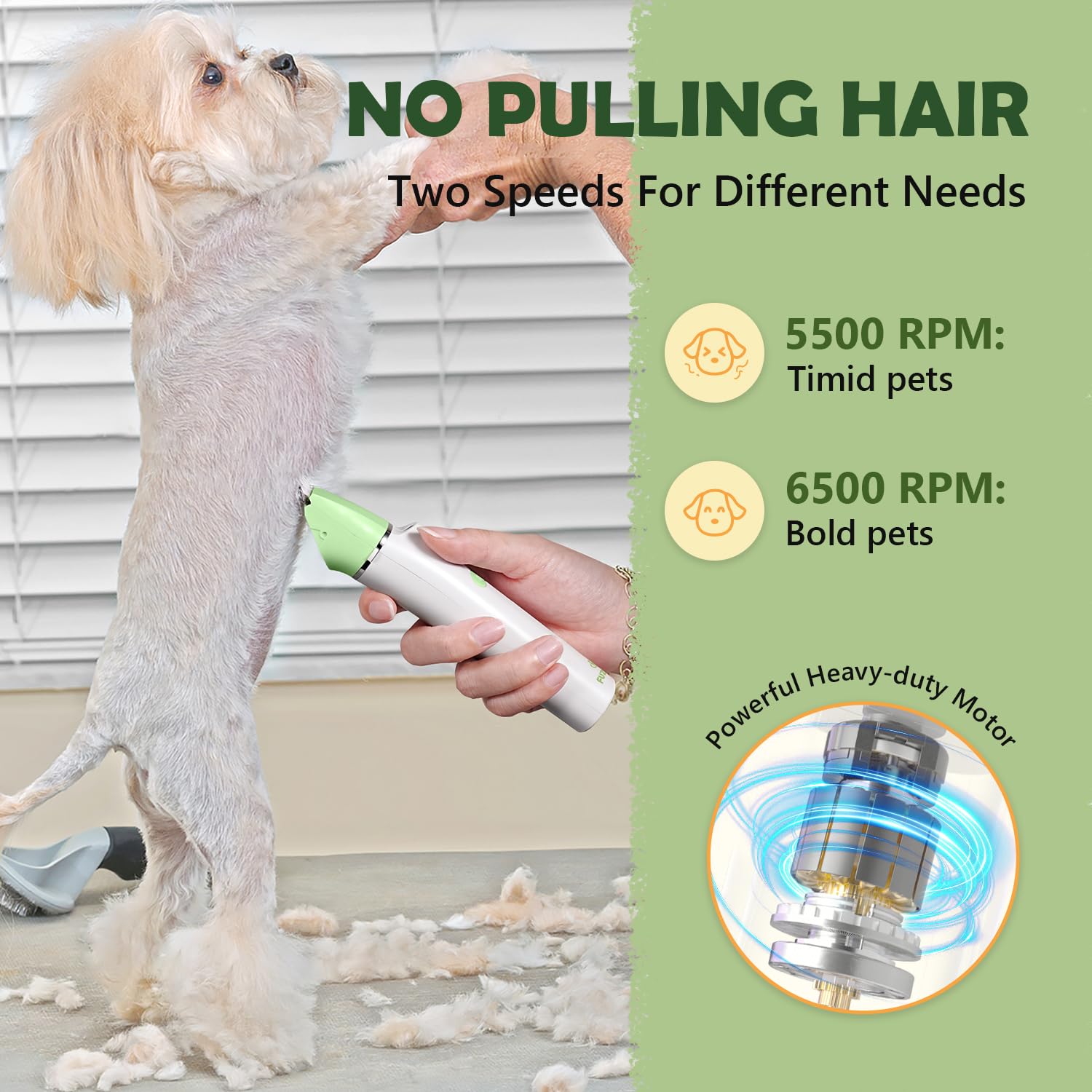 FuzzyFix 2-speed 5500-6500rpm controls trim intensity for different coats