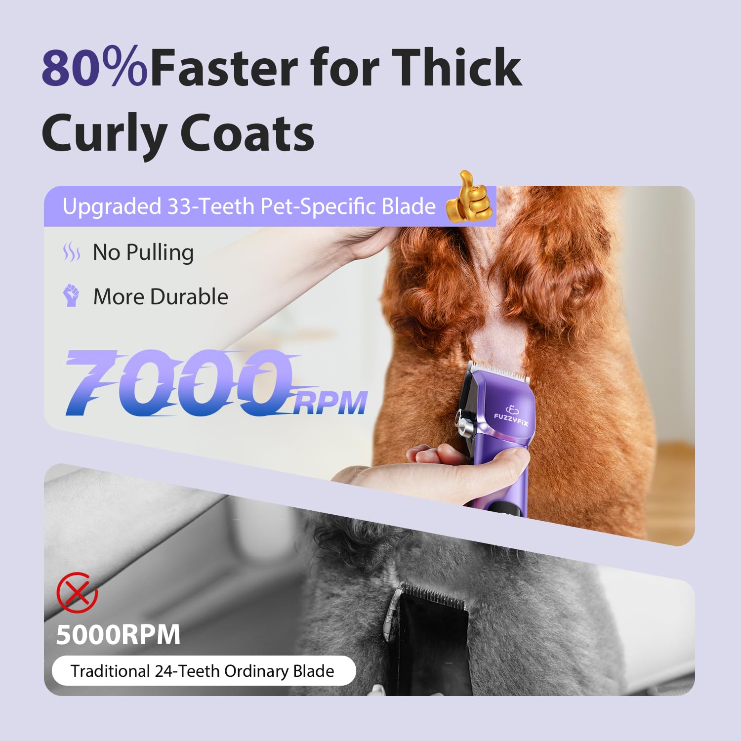 FuzzyFix 33-teeth blades deliver sharp, smooth trims on thick curls