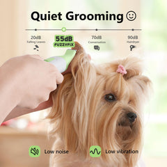 FuzzyFix cordless dog clippers in hand for quiet grooming.