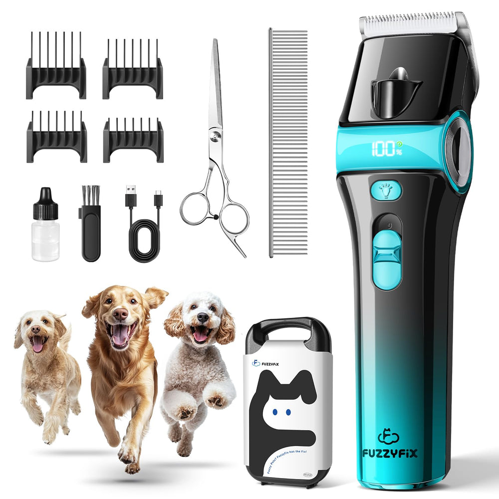FuzzyFix dog clippers with 5in1 blade for precise home trimming.