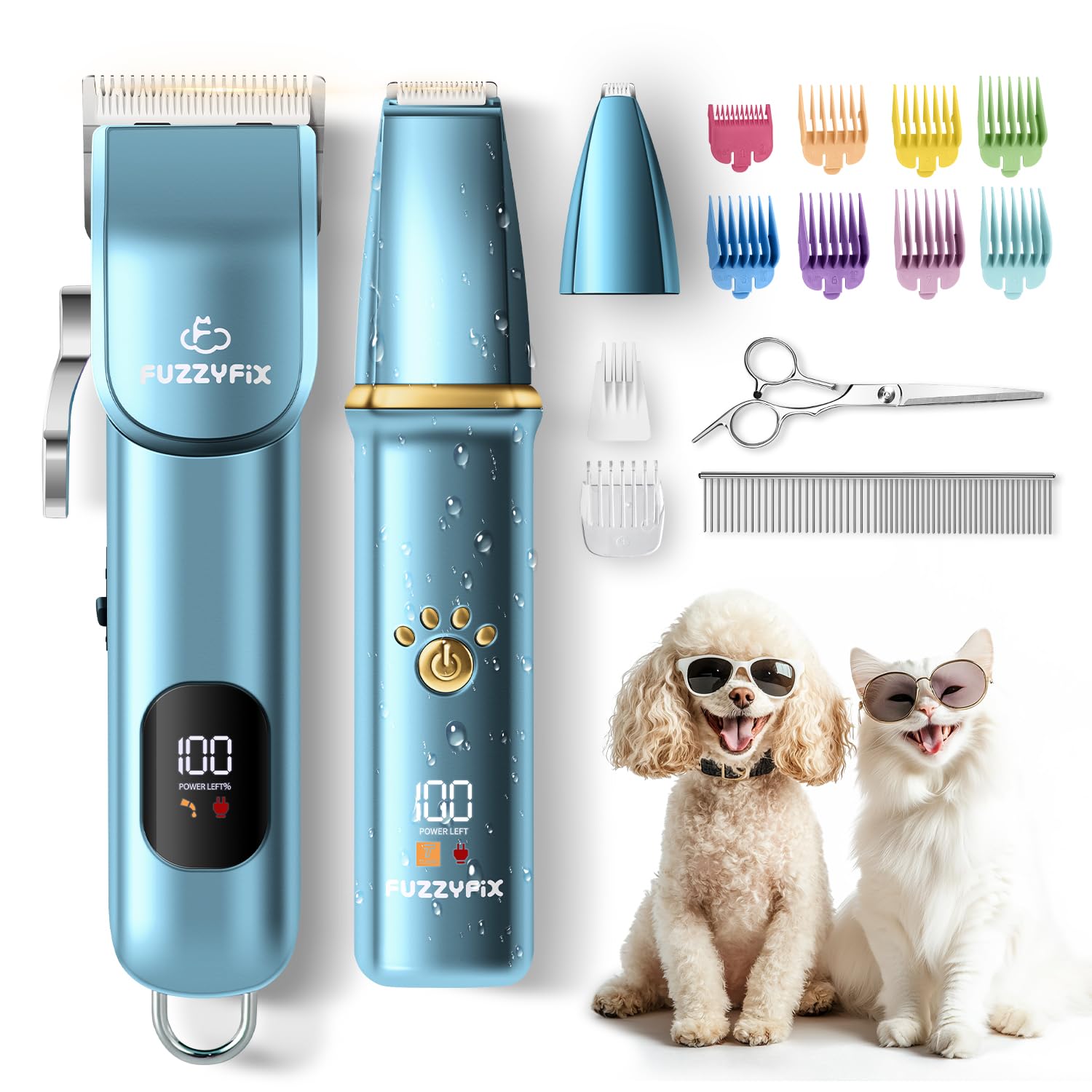 Accessory set image shows clippers, combs, oil and cleaning tools.