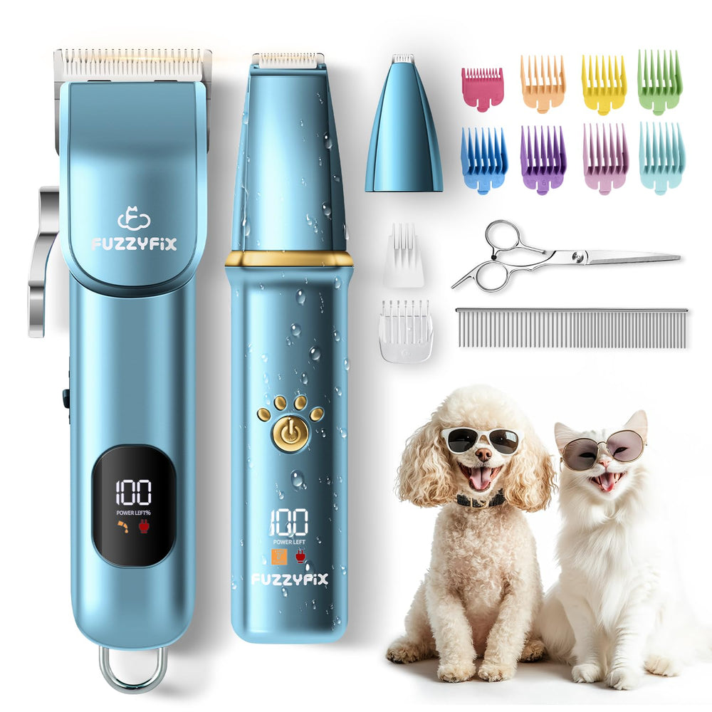 Accessory set image shows clippers, combs, oil and cleaning tools.