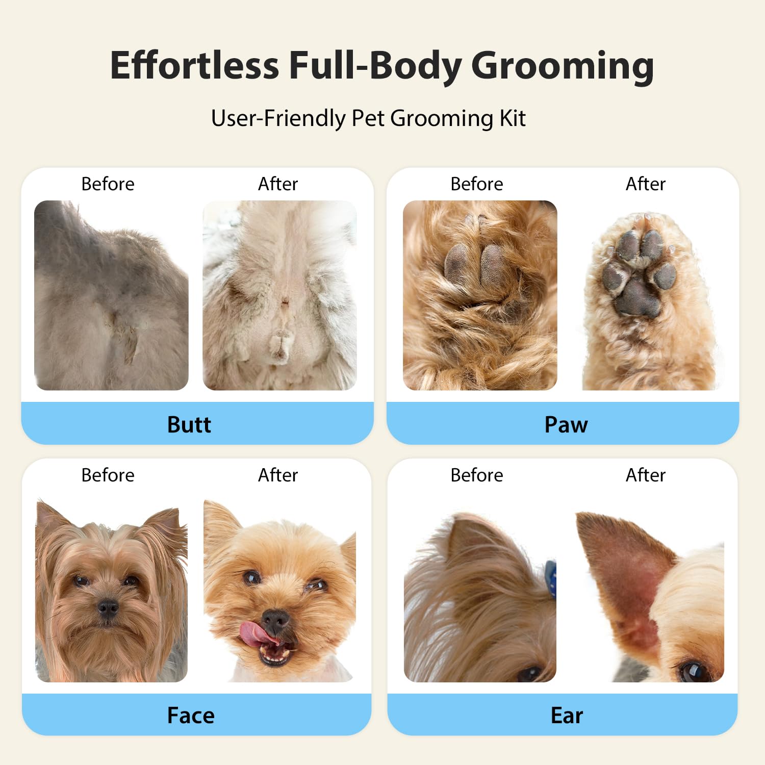 Low-noise motor photo promises calmer grooming sessions for pets.