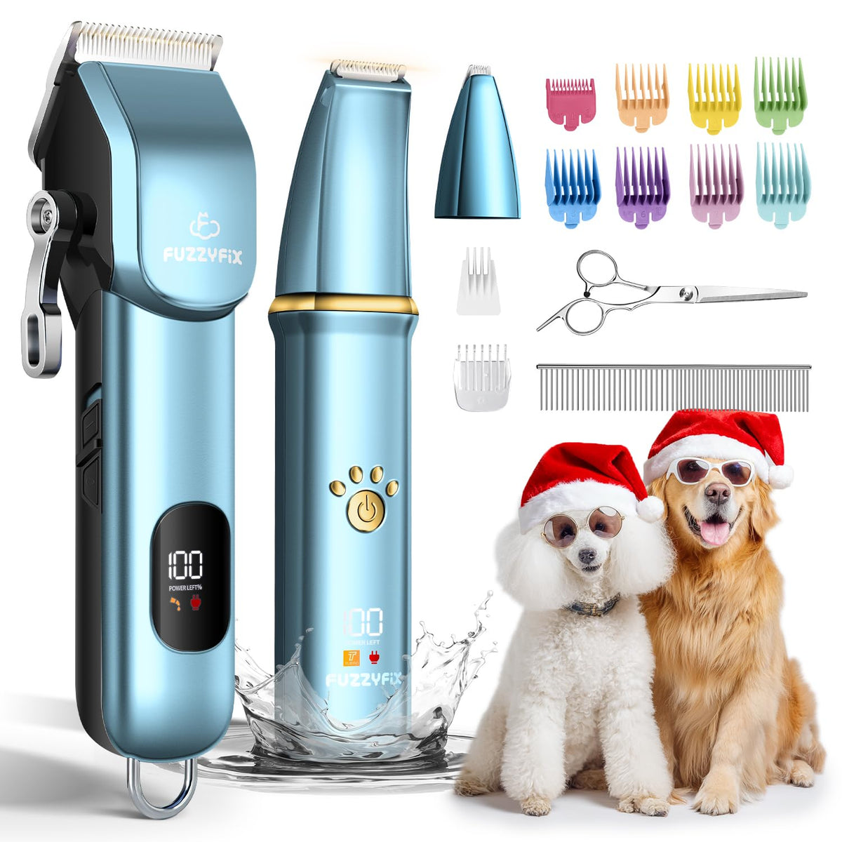 FuzzyFix dog grooming kit packaging reveals a comprehensive toolset for efficient home grooming.