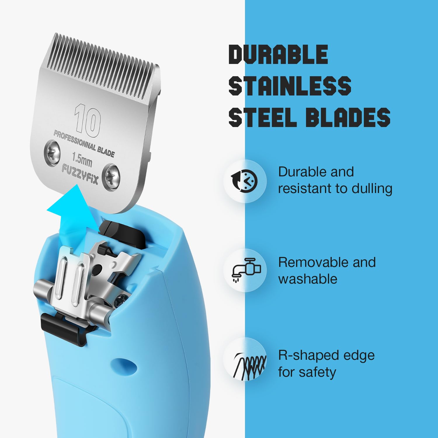 FuzzyFix long-life battery image showing up to four hours of cordless grooming