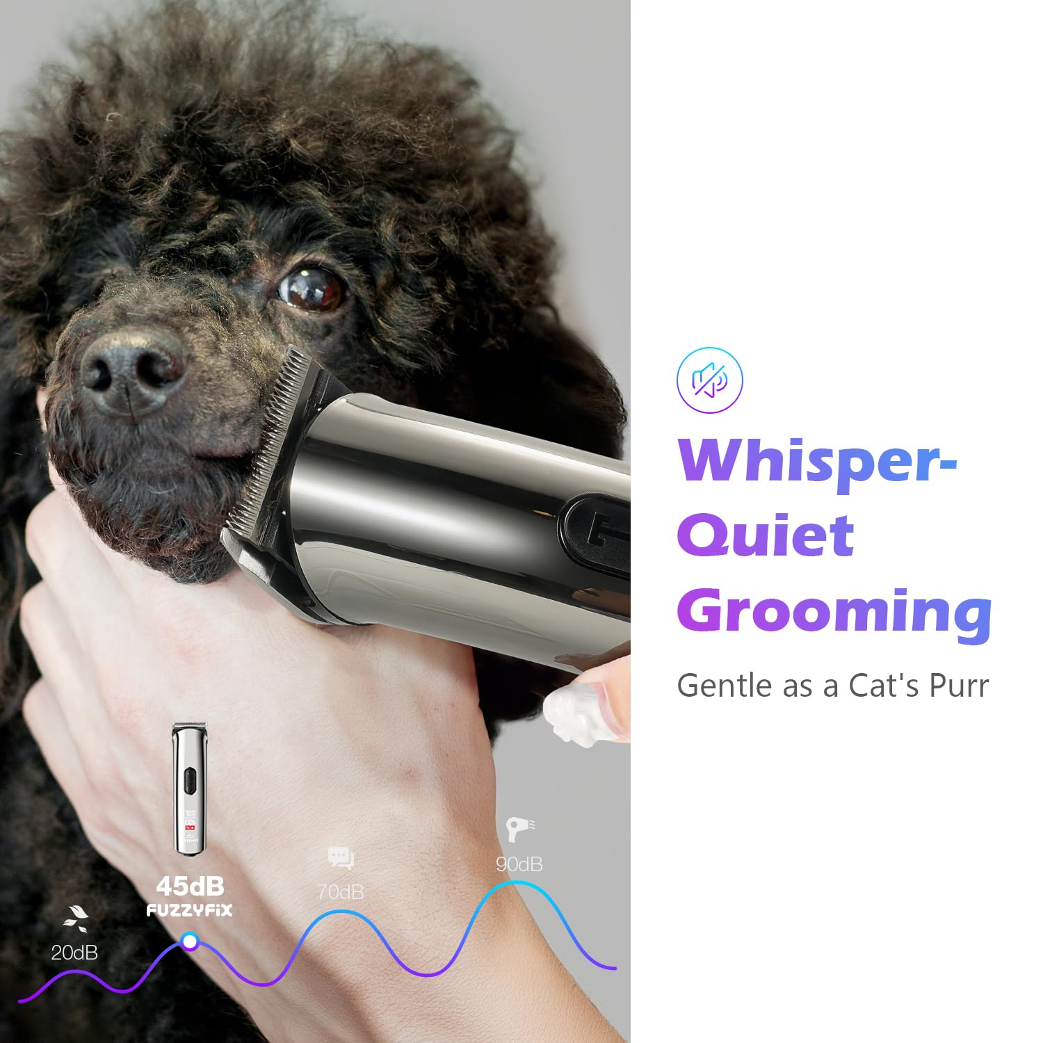 FuzzyFix Nova-5X ultra-quiet operation keeps pets calm during trimming