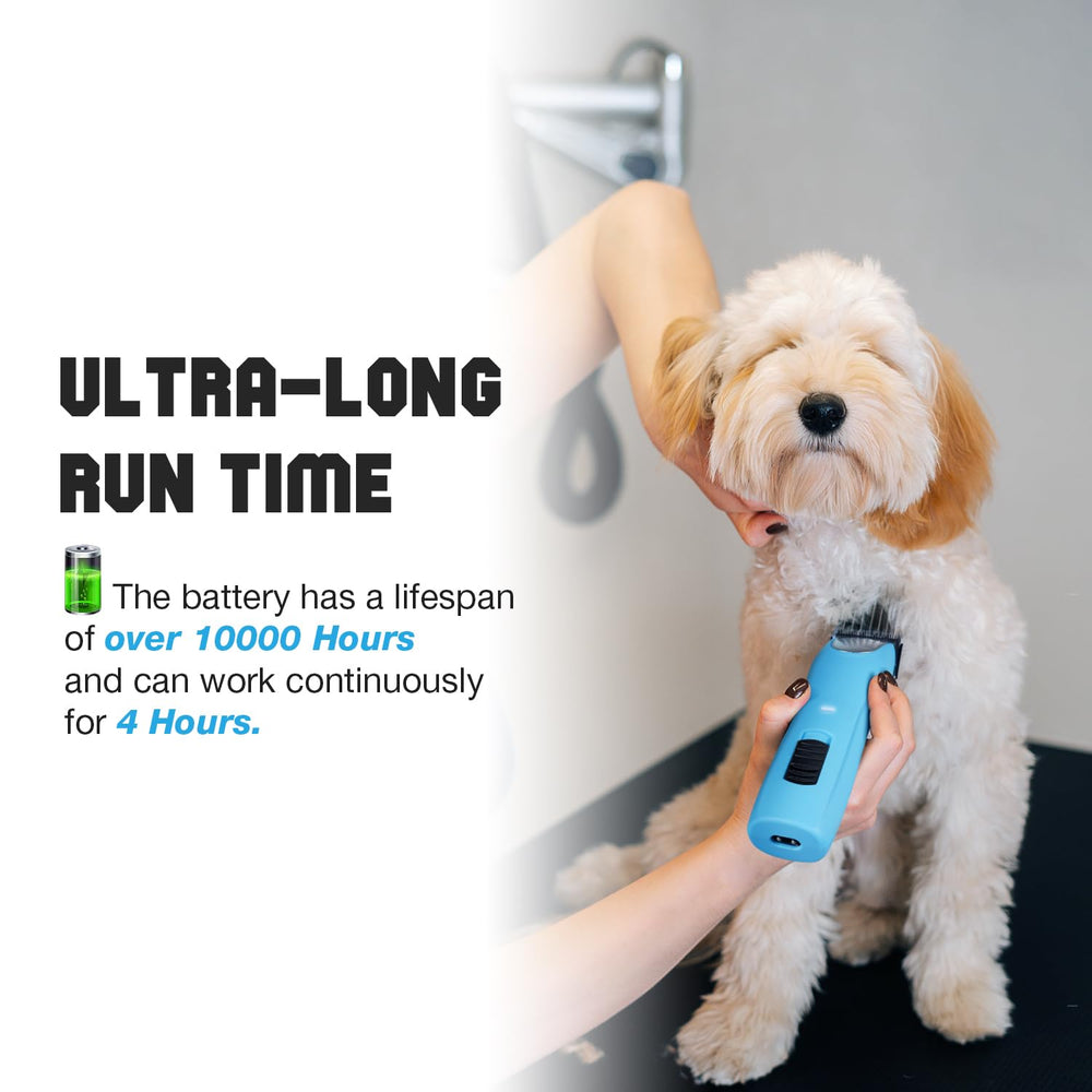 FuzzyFix professional dog clippers close-up showing low-noise operation for calmer grooming.
