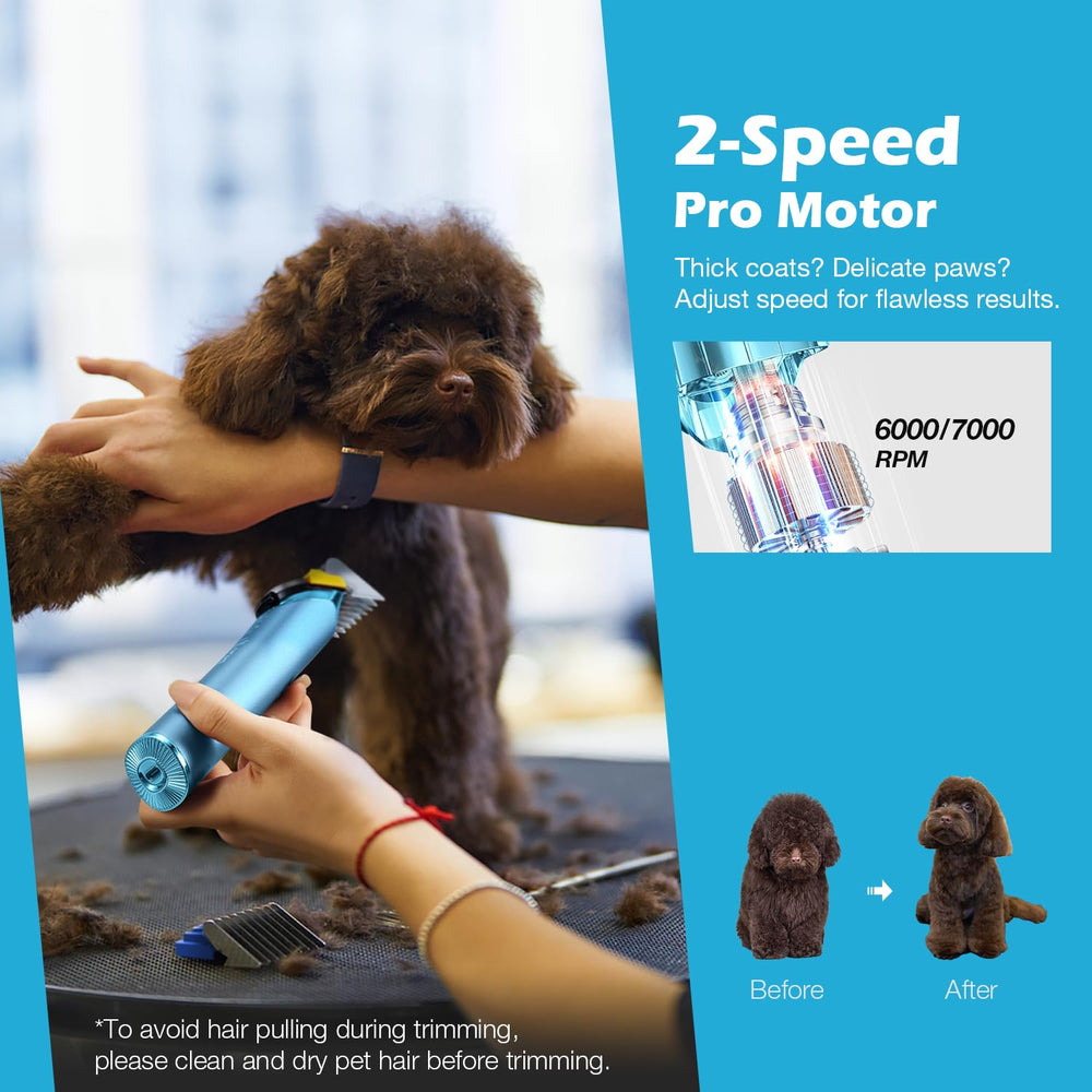FuzzyFix quiet clipper at 45dB provides calm grooming for nervous pets.