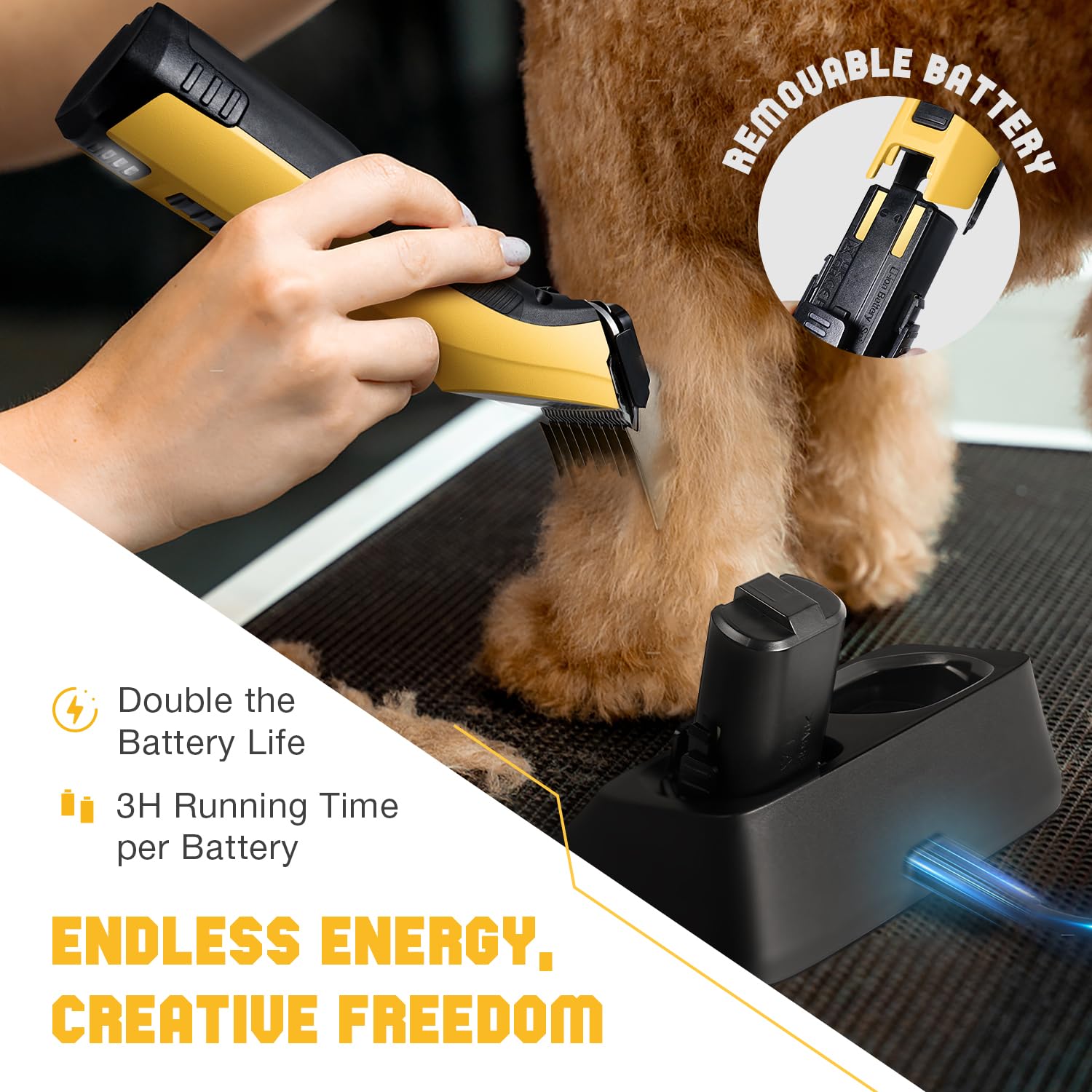 FuzzyFix two-speed dog grooming clipper lets you adjust pace for sensitive pets.