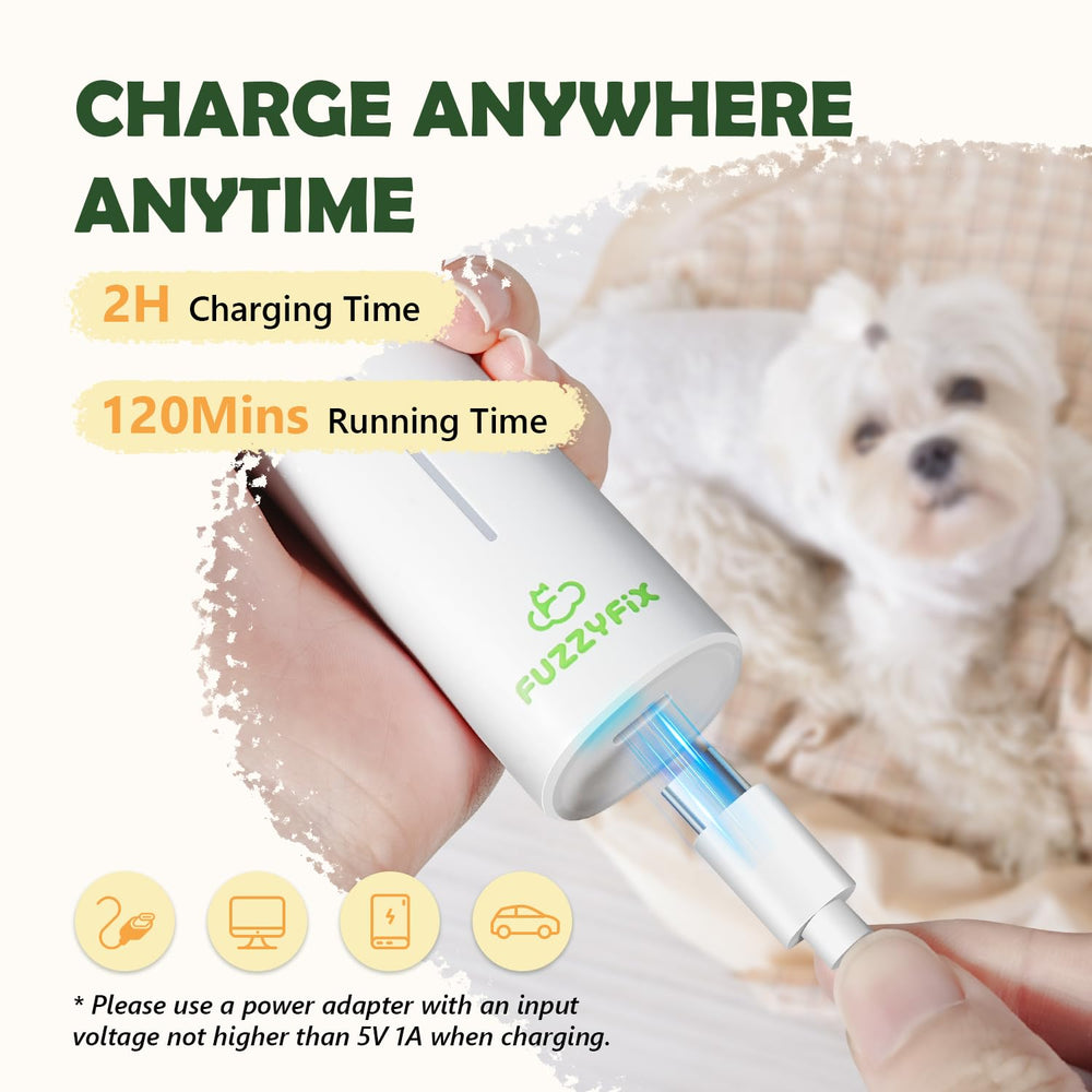 FuzzyFix USB charging keeps the groomer ready with up to two hours of use