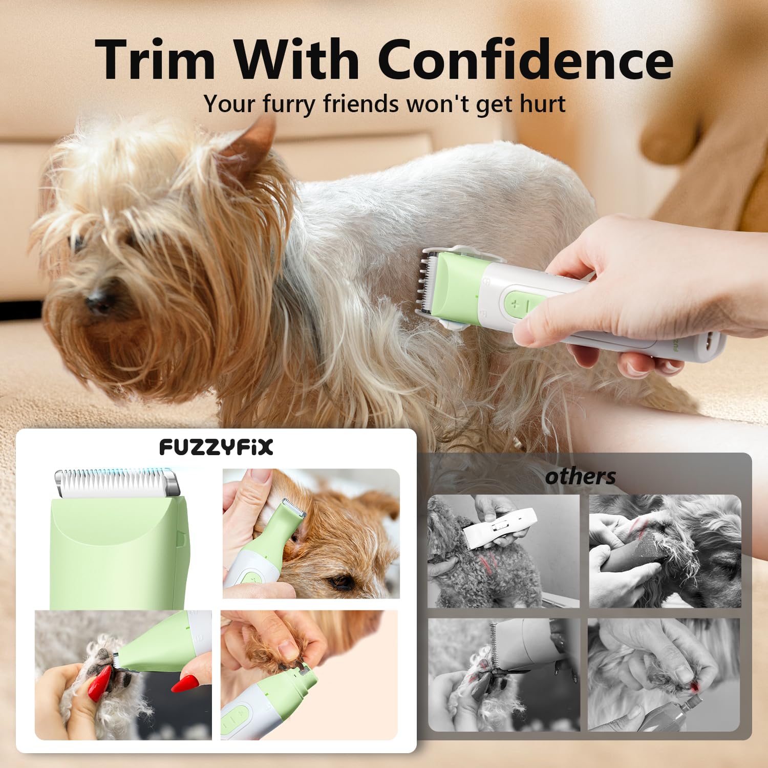 FuzzyFix USB-rechargeable unit charging enabling portable grooming sessions.