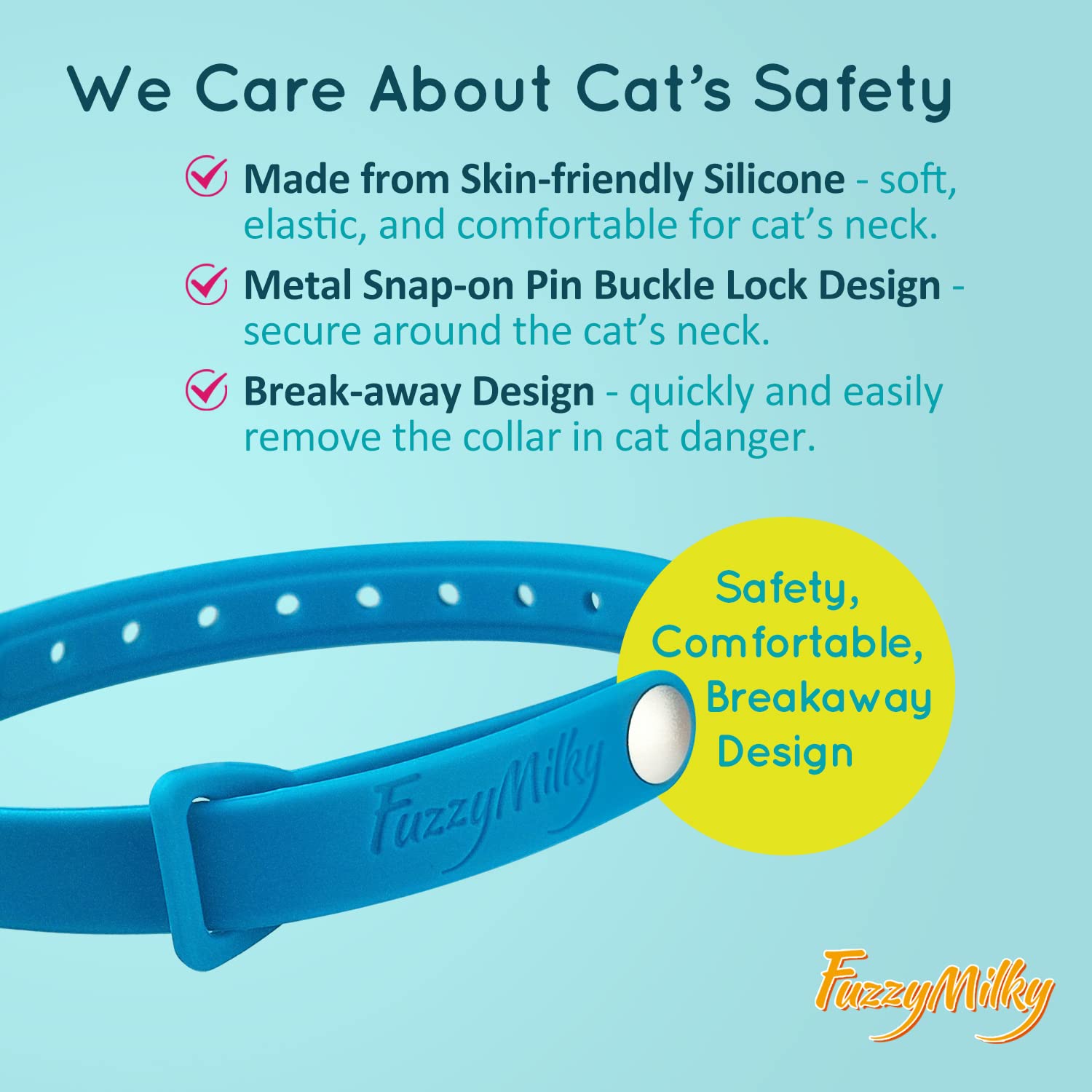FuzzyMilky calming collar blue worn on cat's neck demonstrates anxiety relief in unfamiliar settings