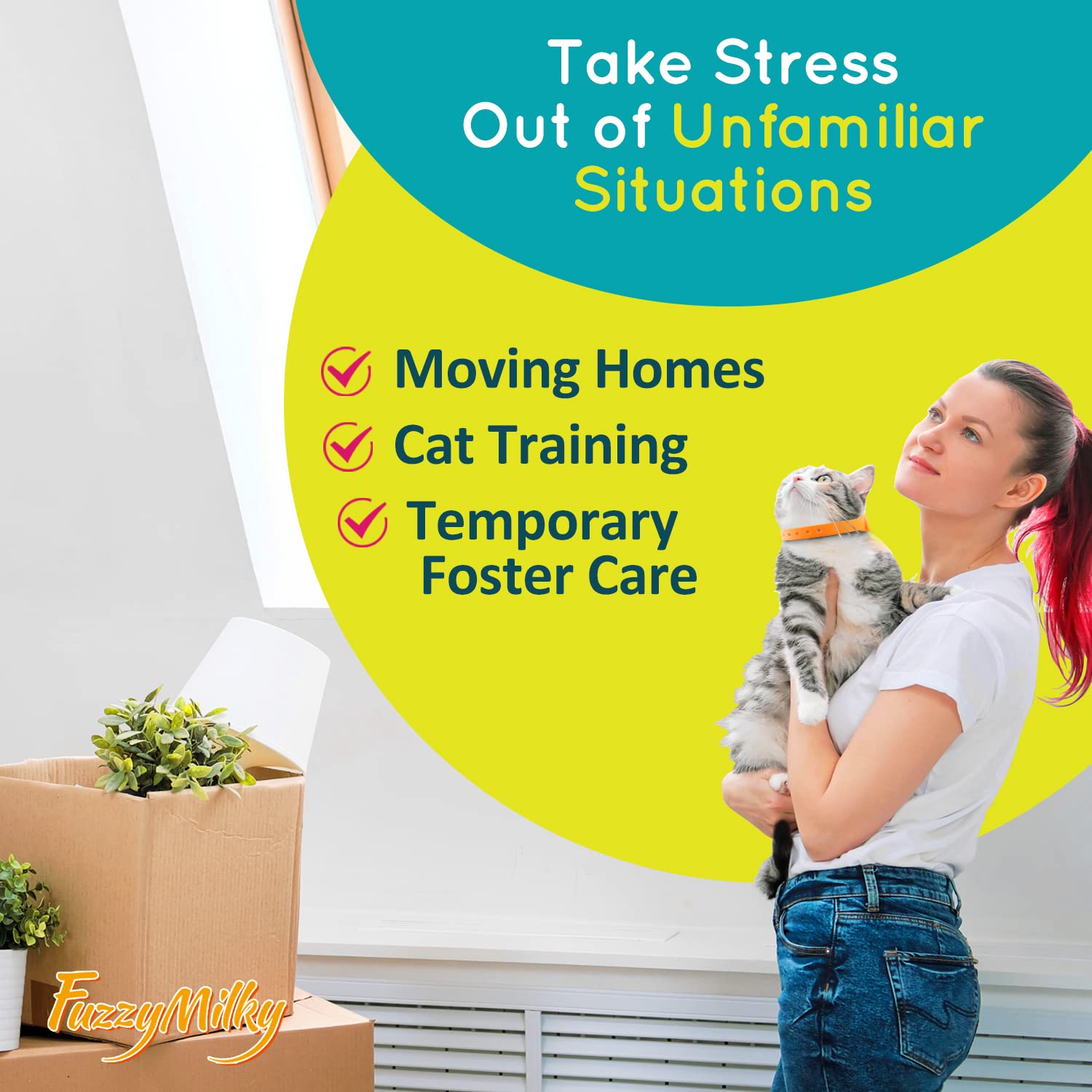 FuzzyMilky calming collar blue travel-ready shows easy use during trips and moves