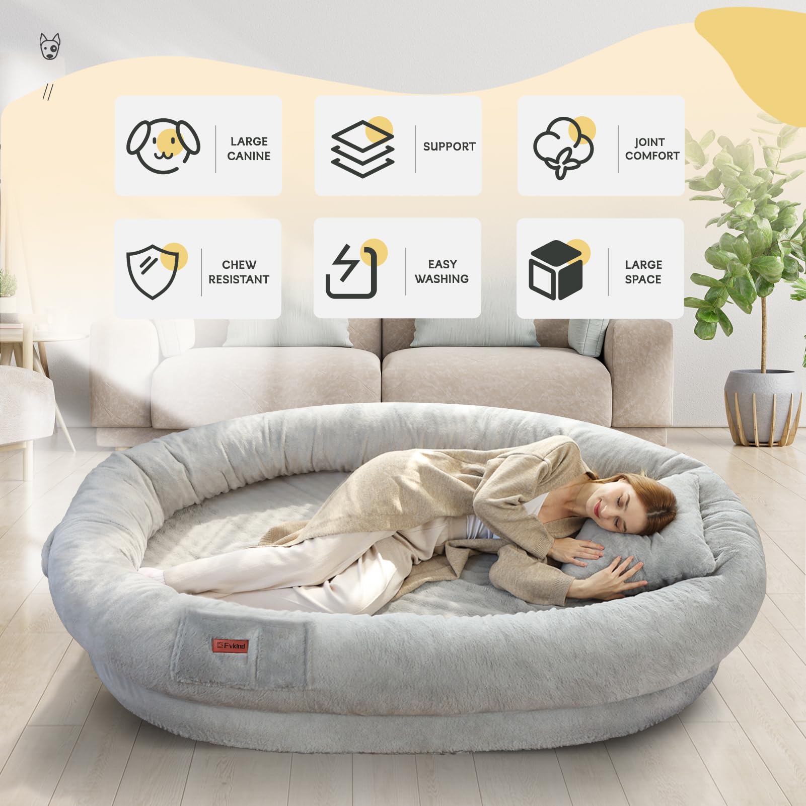 Fvkind human dog bed washable cover with zipper for easy cleaning.