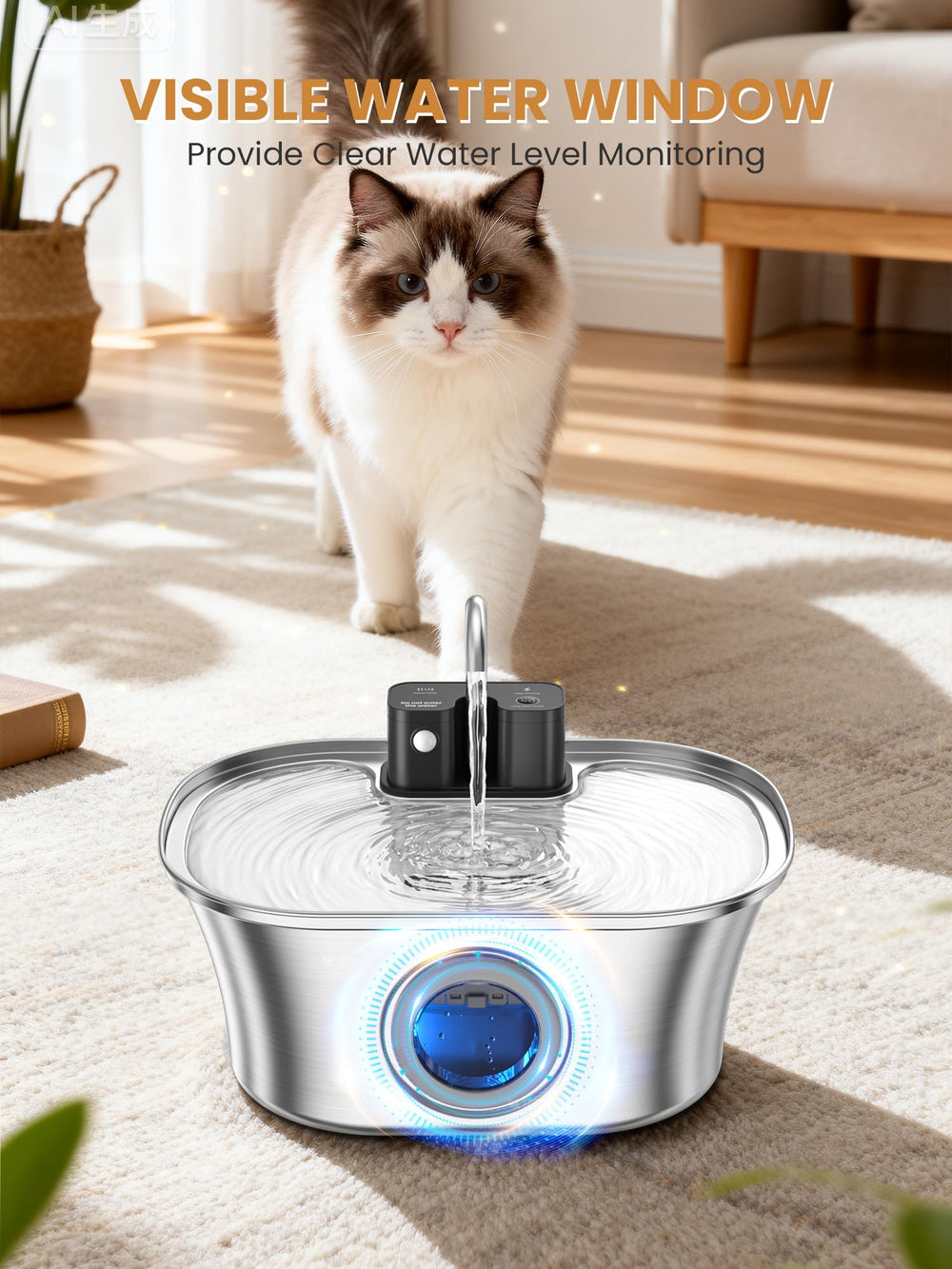 FWMB cat water fountain 4-layer filtration system provides clean, fresh-tasting water for pets.