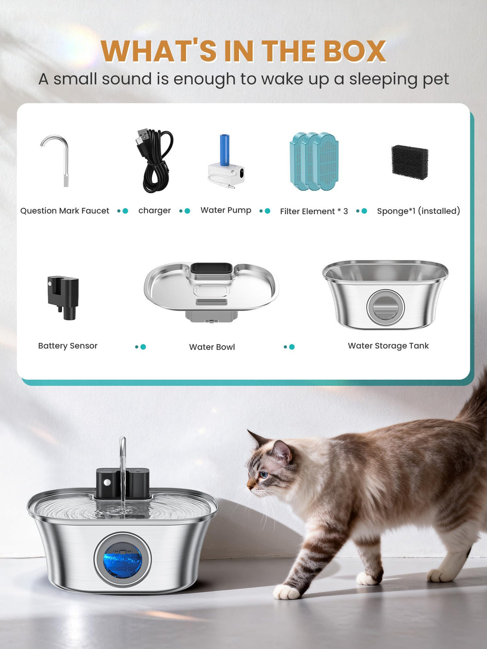 FWMB cat water fountain easy-clean removable pump simplifies maintenance.