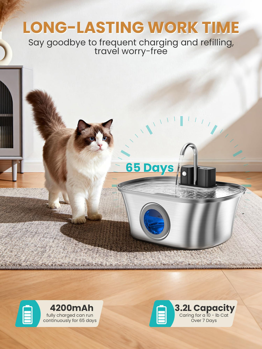FWMB cat water fountain wireless battery connector illustrates cordless placement flexibility.