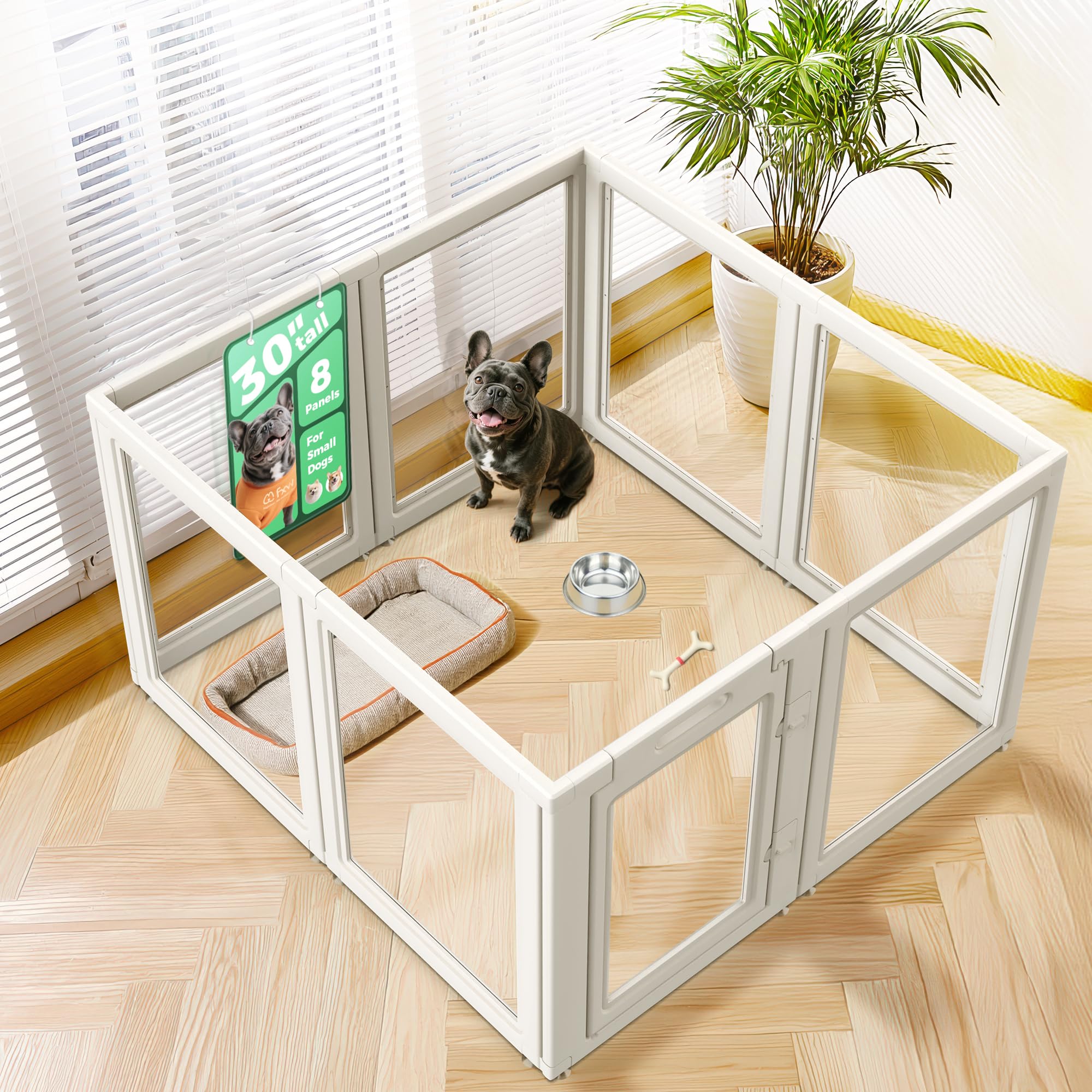 FXW AuraSpace playpen front view showing eight-panel design for safe indoor dog play.