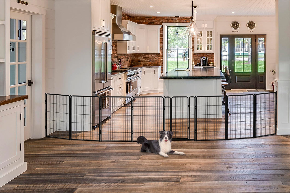 FXW dog gate extra wide indoor setup showing modular panels in a living room.