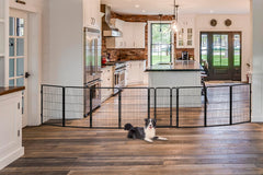 FXW dog gate extra wide indoor setup showing modular panels in a living room.