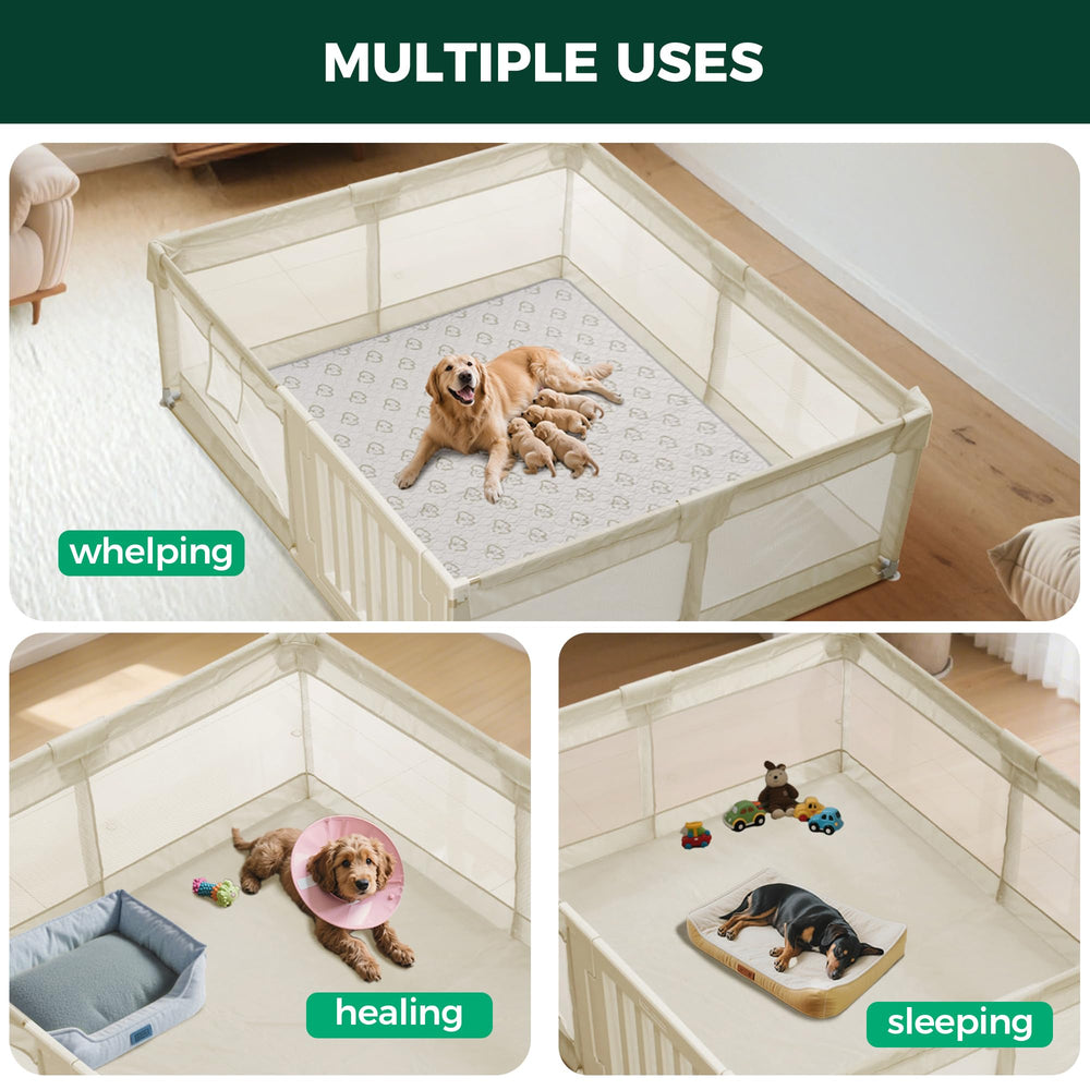 FXW beige indoor dog playpen setup provides a calm, contained space.