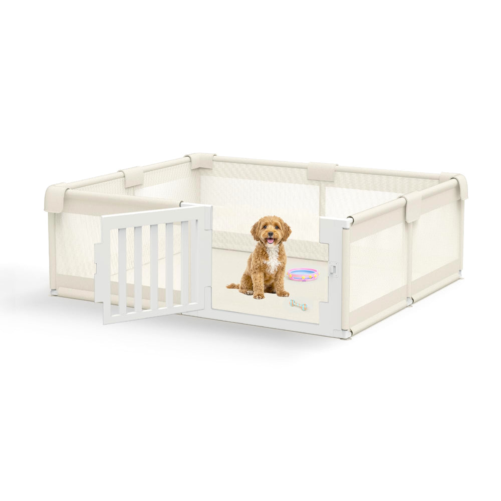 FXW dog playpen with wide door in beige for easy access during playtime.