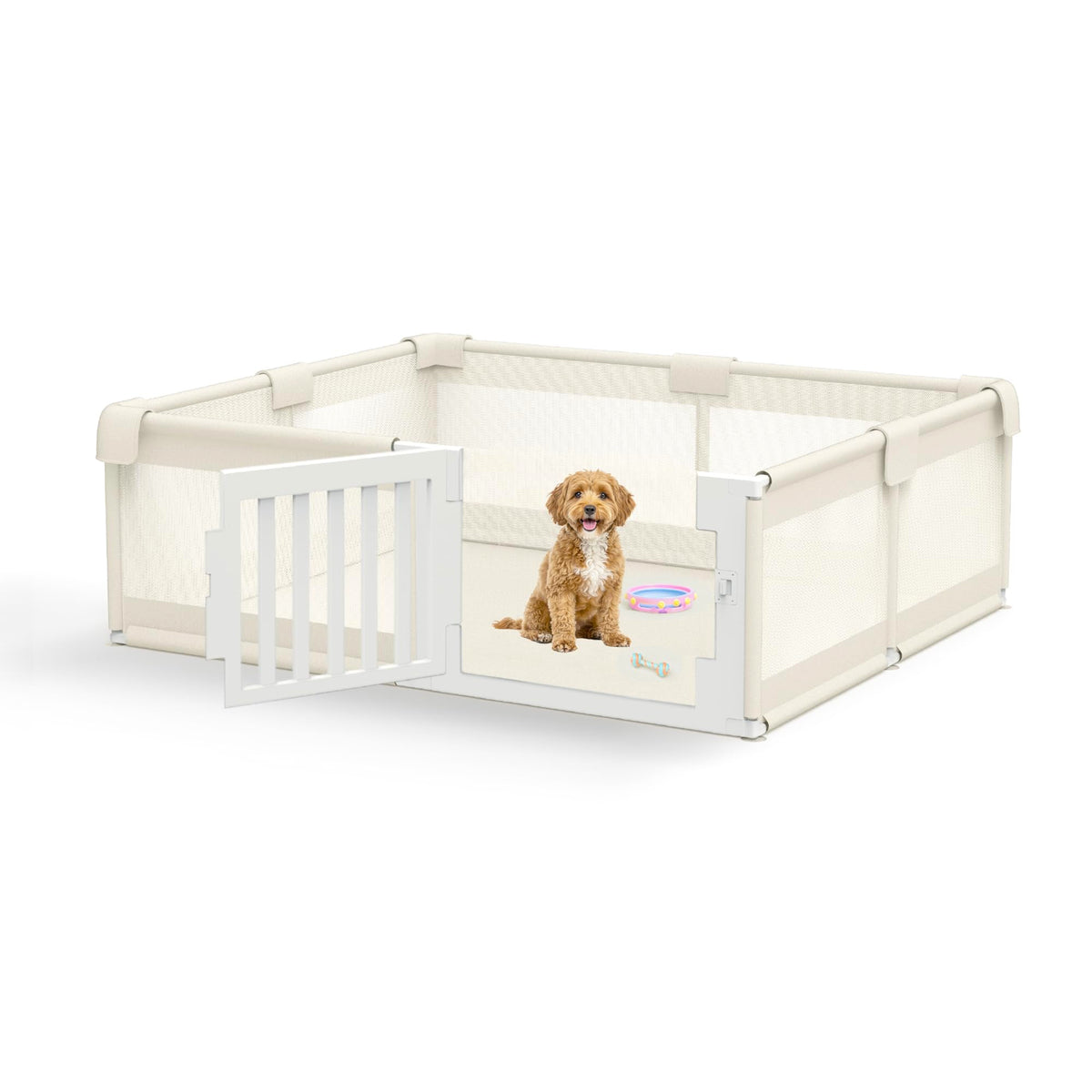 FXW dog playpen with wide door in beige for easy access during playtime.